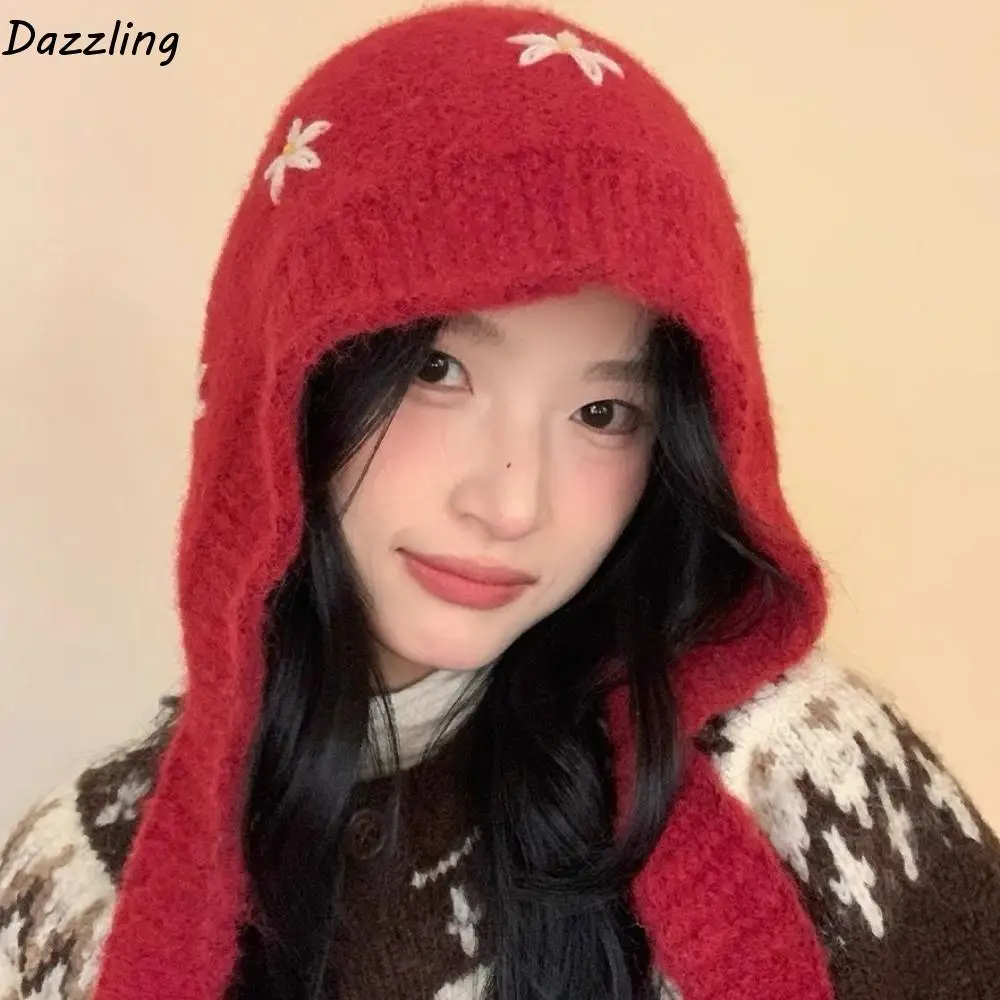 

Sweet Knitted Balaclava Hat Embroidered Flowers Woolen Neck Collar Beanies Cap Ear Protection Neck Protector Pullover Cap Female