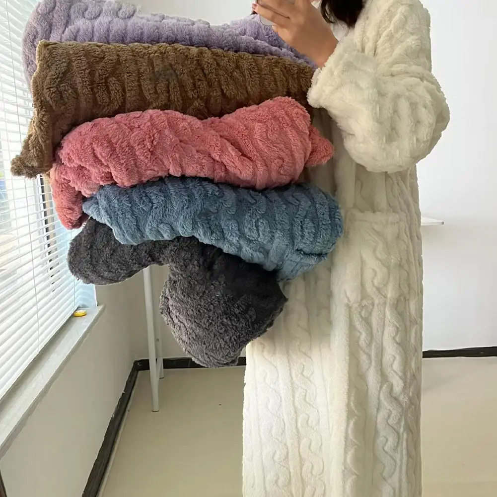 Women Winter Coral Velvet Sleepwear Long Sleeve Double Pocket Warm Bathroom Bathrobe Nightgown Skin Friendly Soft Pajamas