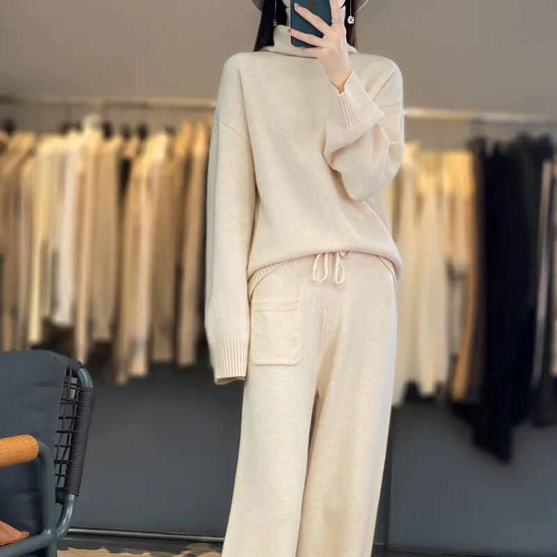 Women\'s Suit 23 Fall-Winter New 100% Merino Wool Turtleneck Pullover Fashion High Waist Wide Leg Pants Knit Two Piece Large Size