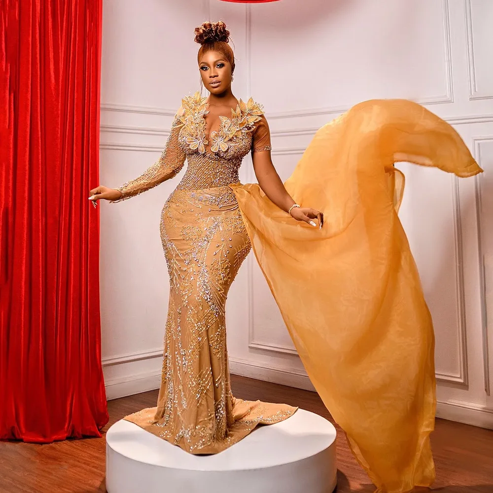 麻生エビ プロムドレス ゴールド マーメイド プロムドレス イリュージョン イブニング フォーマル ガウン シアー ネック 長袖 ビーズ レース 誕生日 二次レコード