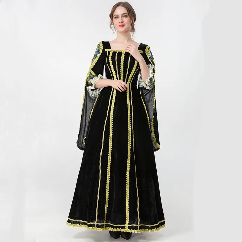 Palace Victoria Medieval Costume Women Cosplay Princess Velvet Flare Sleeve Party Long Robe Dress