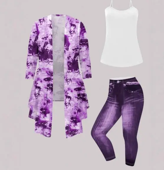 

Women's plus size 2025 autumn and winter new tie dye printed three piece set, casual and fashionable three piece set