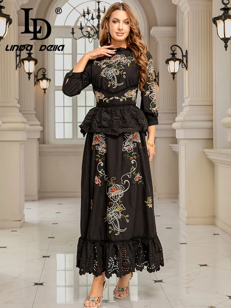LD LINDA DELLA 2025 ربيع/صيف جديد عتيق تسعة كم الثقيلة التطريز زهرة الربط الدانتيل الخصر كشكش حافة فستان