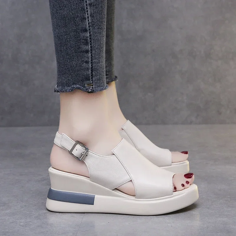 Summer Wedge Shoes for Women Sandals Solid Color Open Toe High Heels Sandals Casual Ladies Buckle Strap Fashion Female Sandals