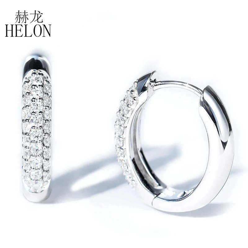 HELON Solid 14k White Gold Round Moissanite Diamonds Engagement Hoop Earrings Women Trendy Fine Jewelry Moissanite Earrings