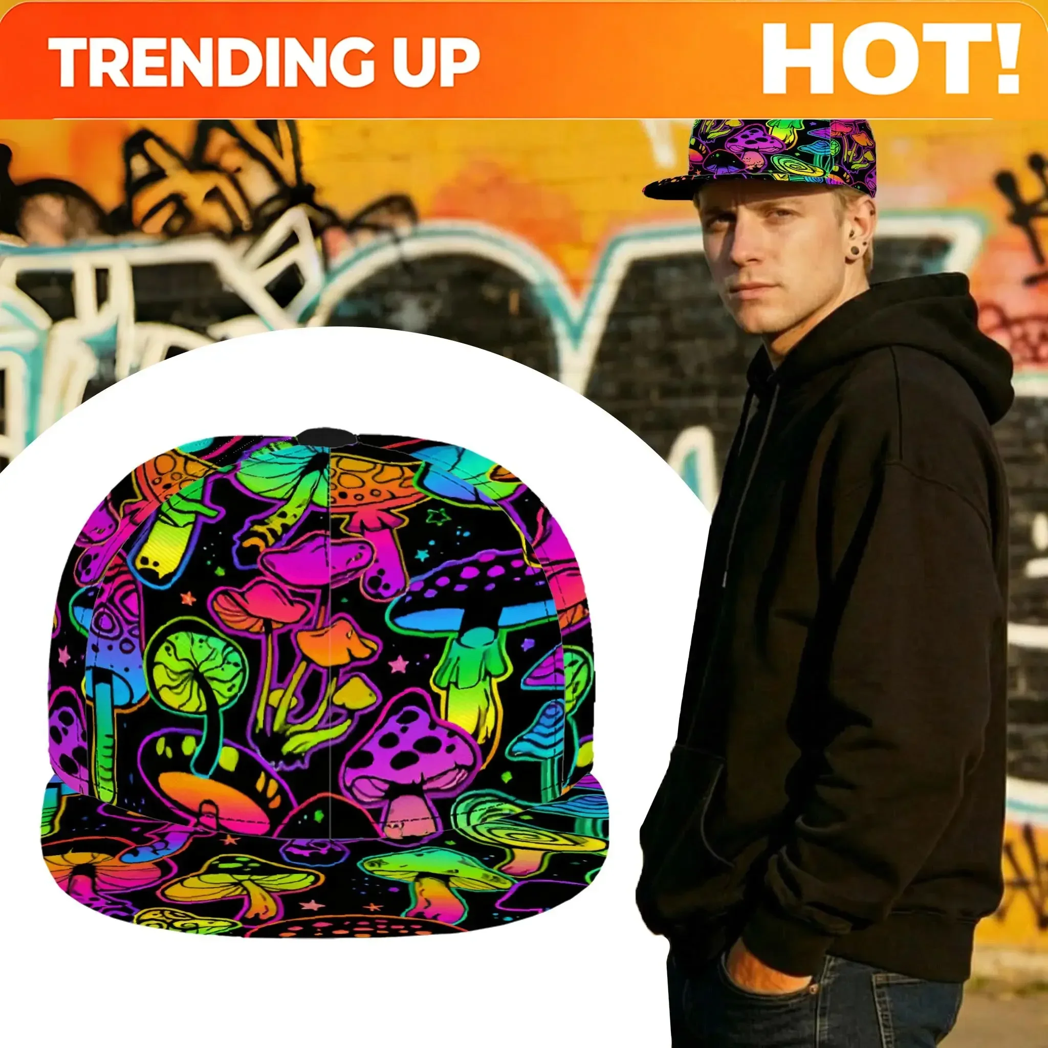 Custom Hats 1pc Neon Colored Mushroom 2D Flat Pattern Fashionable Baseball Cap, Sun Hat, Hip-Hop Hat, Street Style, Adjustable