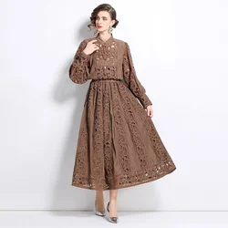 Spring Autumn Women Elegant Skirt Suits High Quality Lace Patchwork Long Sleeve Shirt And High Waist Long Skirt Two Piece Set