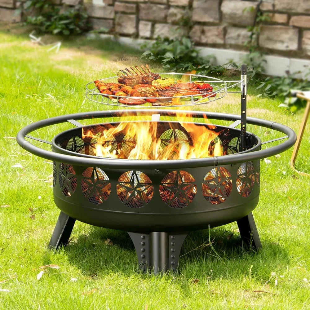 

38” Wood Burning Fire Pits for Outside,3-in-1 Fire Pit with Grill, Spark Screen & Fire Poker,Outdoor Firepit Table with Swivel C