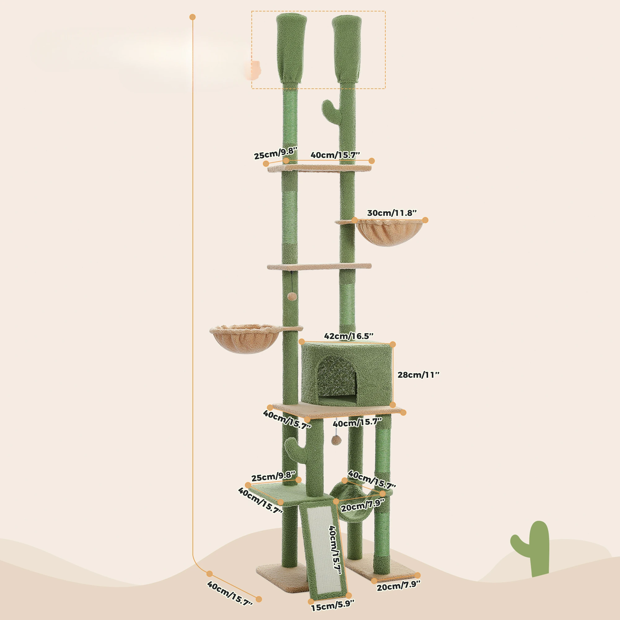 Cactus Cat Tree Floor to Ceiling Cat Tower 7 Tiers Cat Climbing Tree with Cozy Hammocks and Condos 5 Platforms Scratching Posts