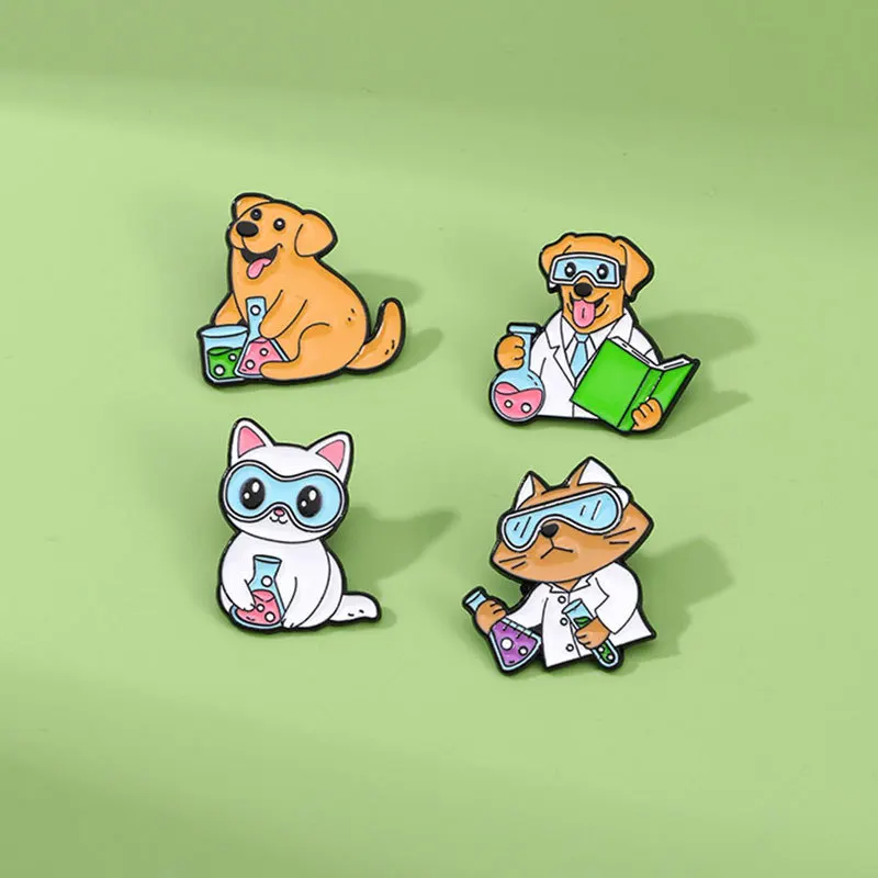 Science Experiment Animal Enamel Brooch Cute Cartoon Cat Wearing Glasses Test Tube Experiment Puppy Fox Badge Jewelry Gifts