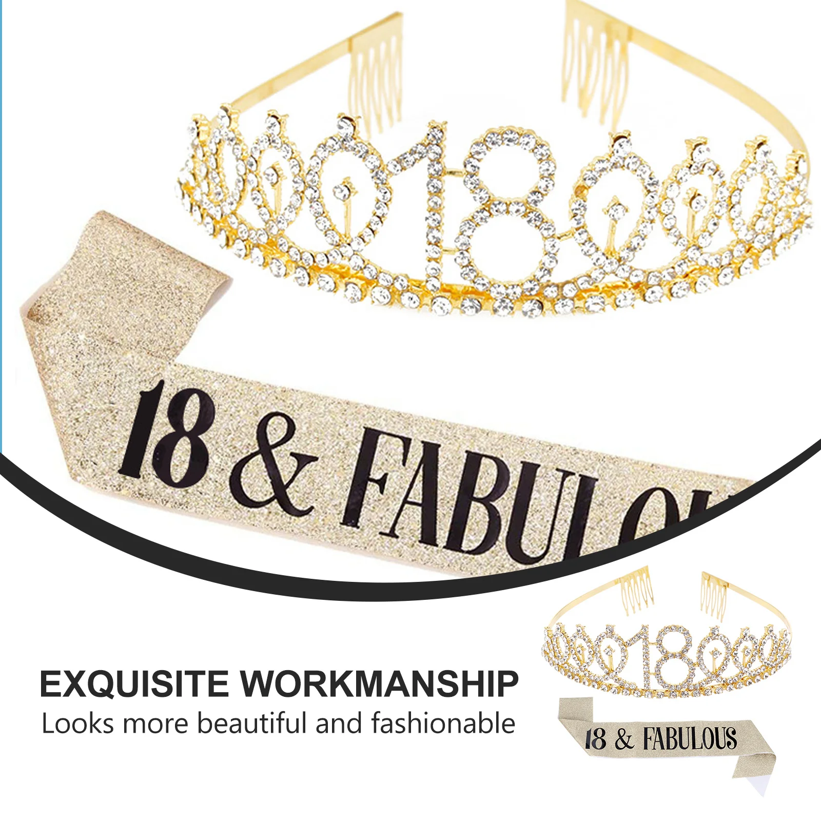 

1Set Birthday Crown Set Etiquette Belt Party Decoration Suit Hot Stamping Sash Comfortable Fabric Crown Hair Comb