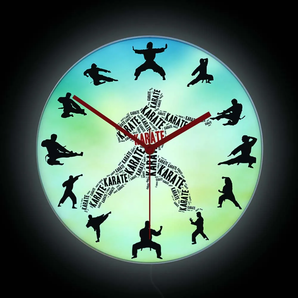 Karate Fighter LED Neon Sign Night Light Wall Clock For Man Cave Bedroom Japanese Martial Arts Home Decor LED Glowing Lamp Clock