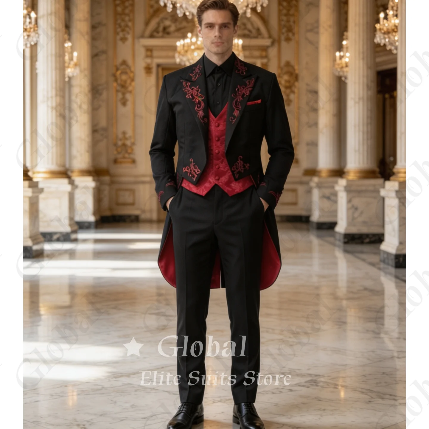 Men'S Grooming Gifts - Costume 3 Pièces Homme Brodé Noir