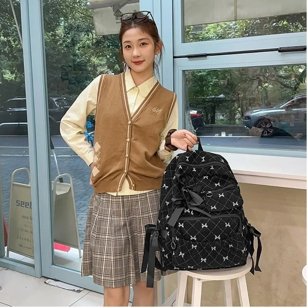 Fashion Corduroy Bow Schoolbag Large Capacity Bow Print Backpack Bag Ins Style Versatile Backpack Student