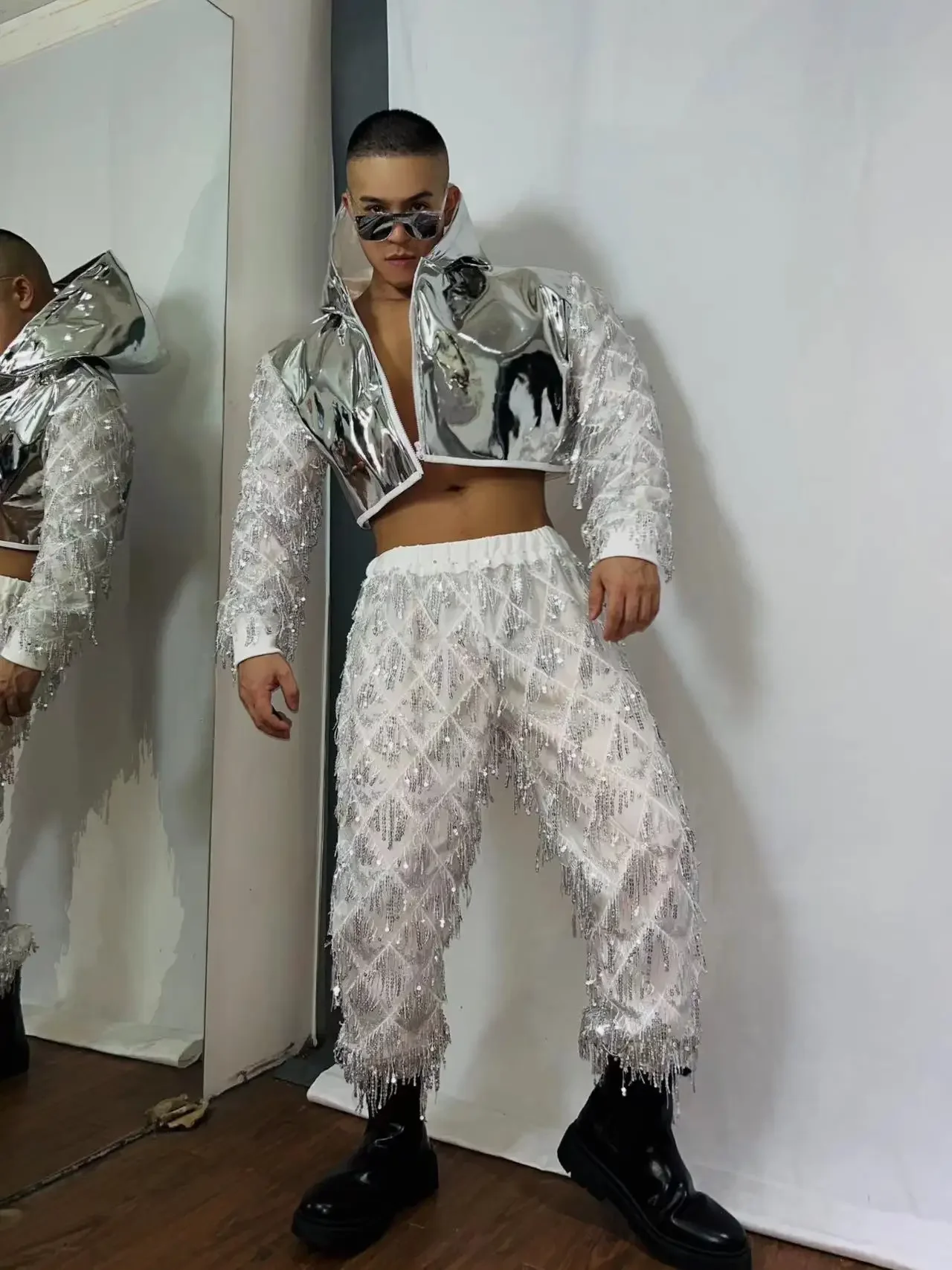 Pailletten Hip Hop Kleidung Nachtclub männliche Tänzerin Bühnen kostüm Silber Jacke Hosen Gogo Tanz kleidung Party Rave Outfit