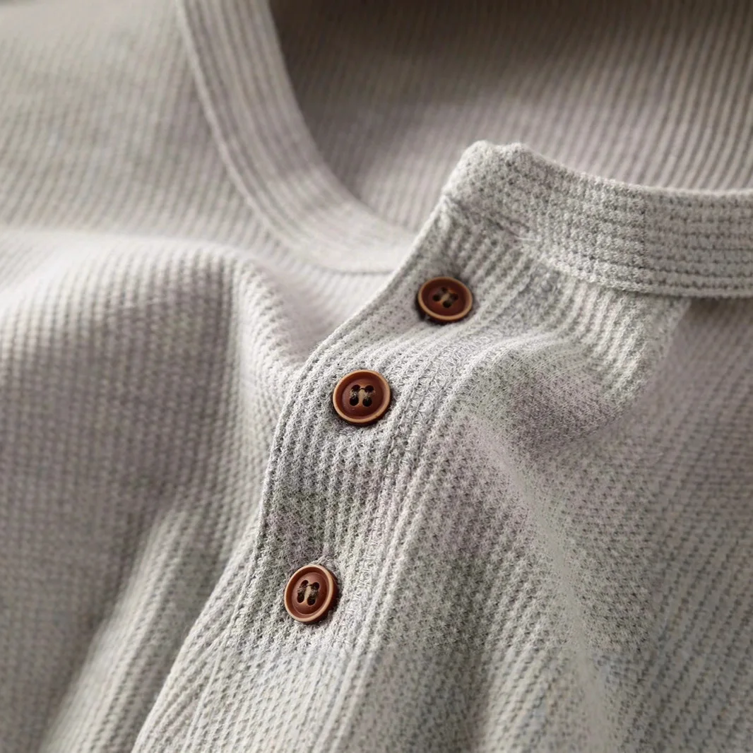 Waffle Textured Loose Long Sleeve Half-Button T-Shirt Men's Casual Top