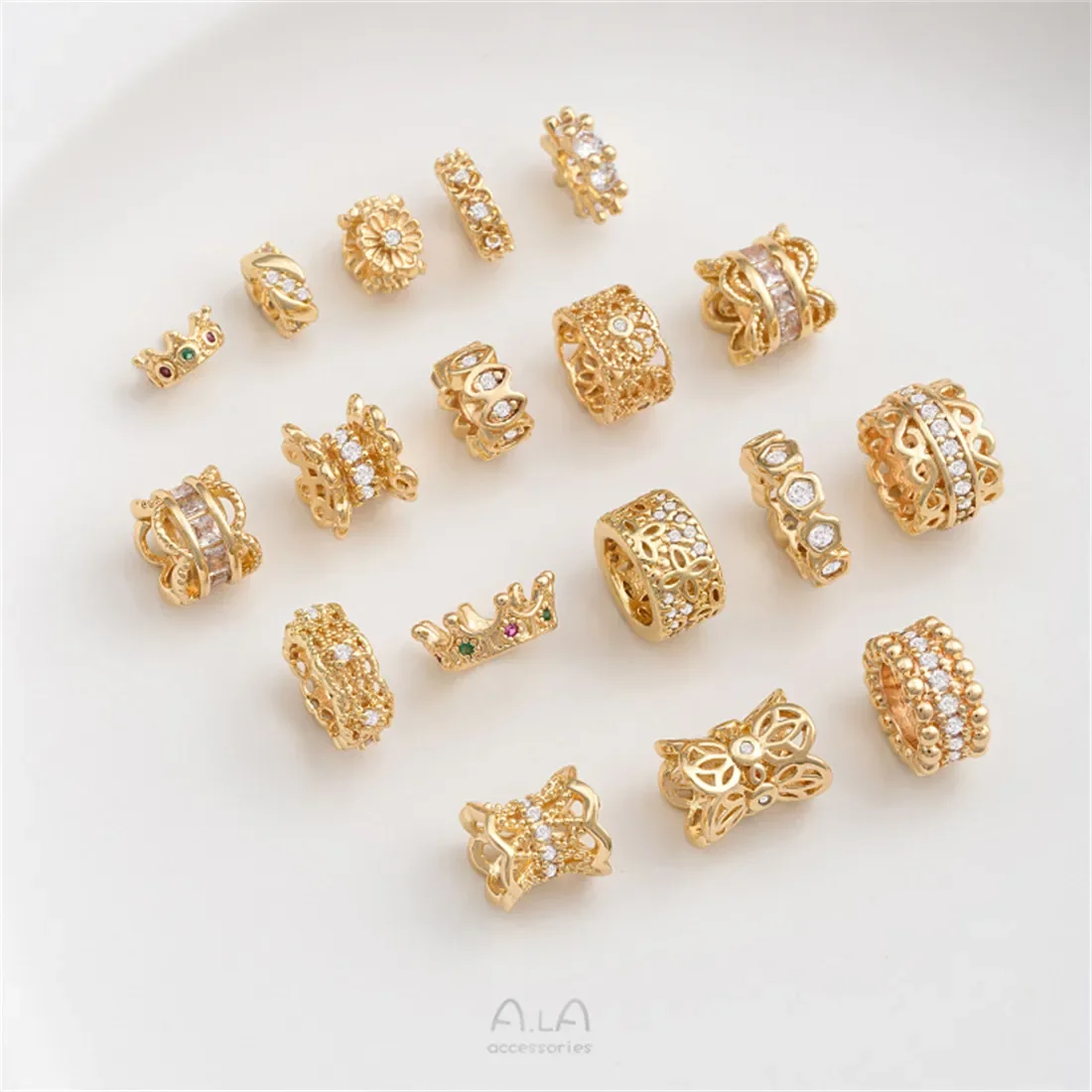 

14K Gold-plated Zircon Macroporous Bead-separating Passepartout Lace Double-sided Receptacle Crown Diy Beaded Accessories C185