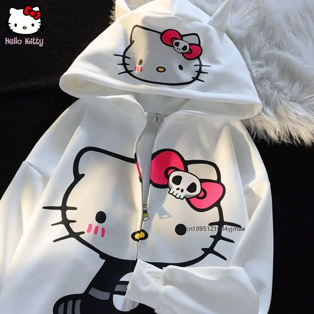 سانريو Kawaii مرحبا كيتي القطن المطبوع هوديي المرأة فضفاضة سستة الكرتون سترة معطف مقنعين الملابس جديد الخريف الشتاء لطيف