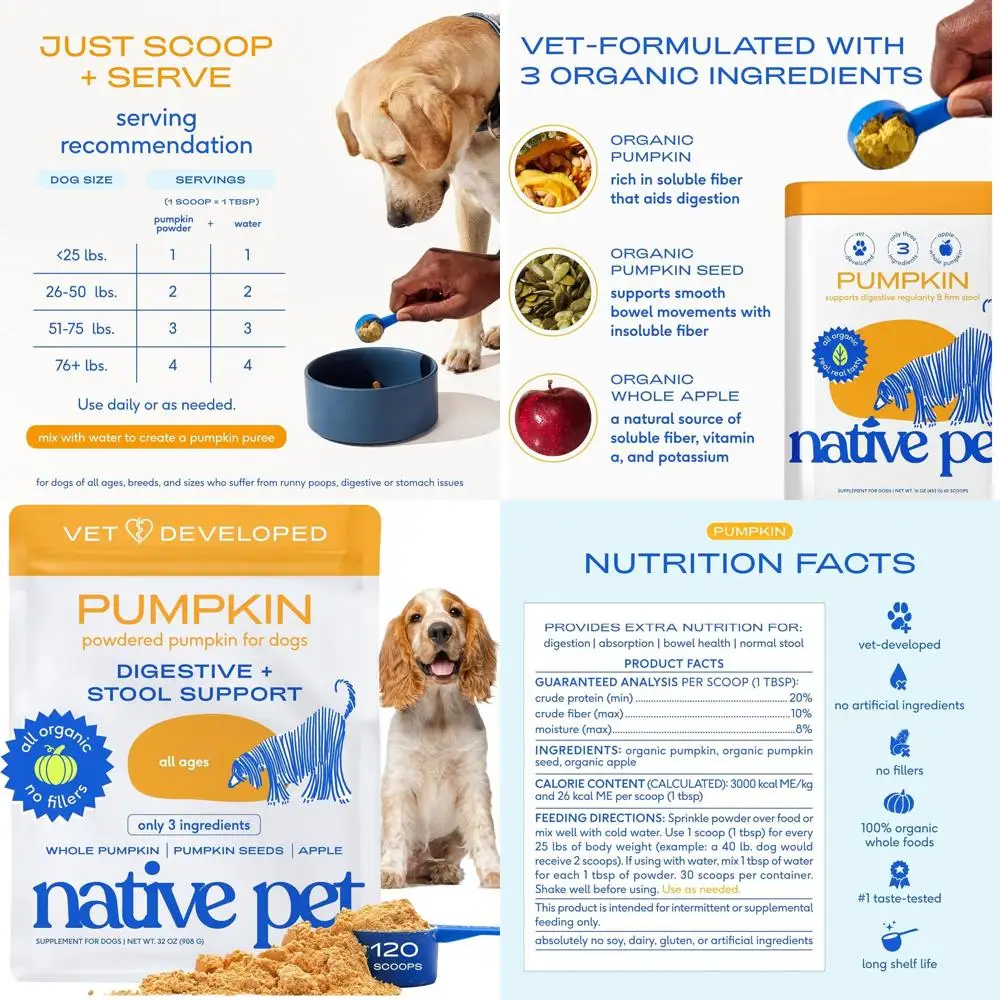 

Organic Pumpkin Powder Dog Treats - Digestive Support & Nutrient Absorption, 120 Servings
