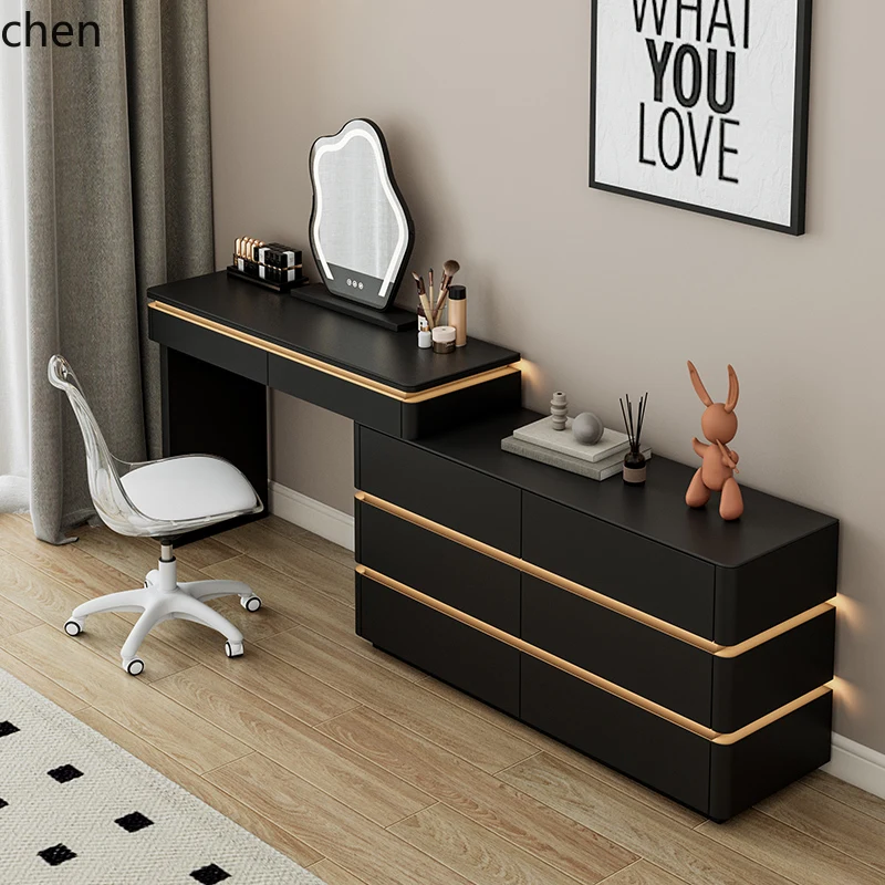 PYH black paint dresser chest cabinet integrated solid wood makeup table bedroom premium sense retractable