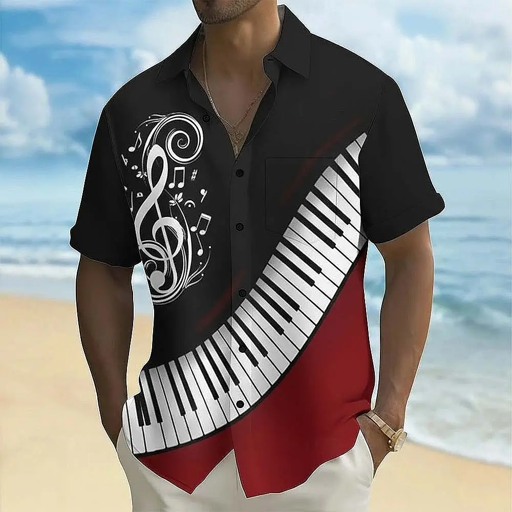 

Мужская рубашка с цветными блоками фортепиано и музыкальными нотами, рубашка на пуговицах с коротким рукавом, модный музыкальный фестиваль, летняя рубашка с одним карманом спереди