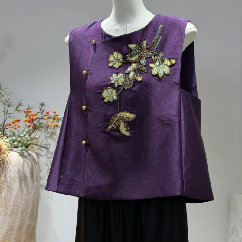New Chinese Style Women Jacket Embroidery Beads Clothes Round Collar Sequins Blouse Sleeve Less Easten Daily Outwear Shirts