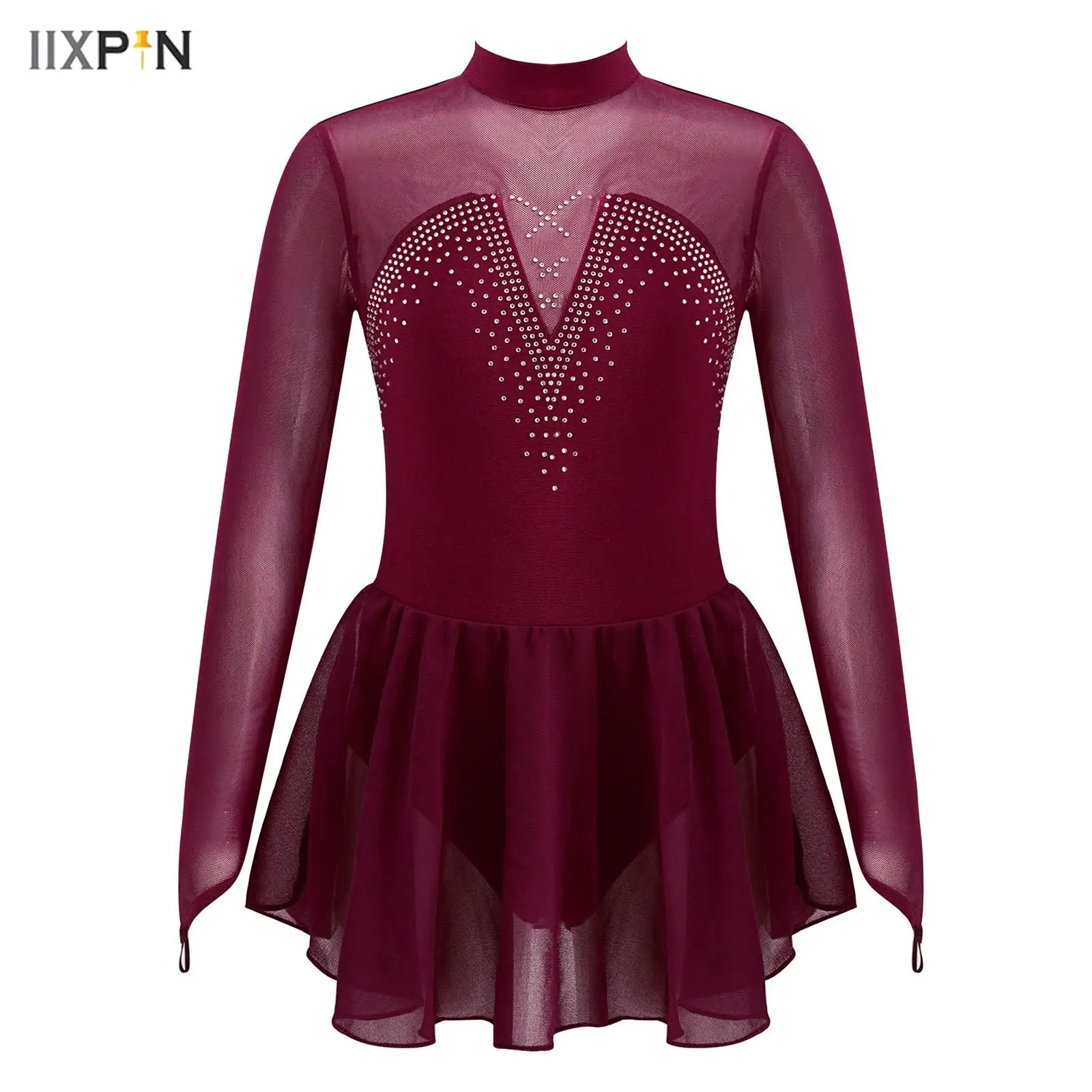 

Kids Girls Figure Skating Dress Gymnastics Leotard Dresses Chiffon Long Sleeve Mesh Splice Hollow Back Ballet Dance Costume