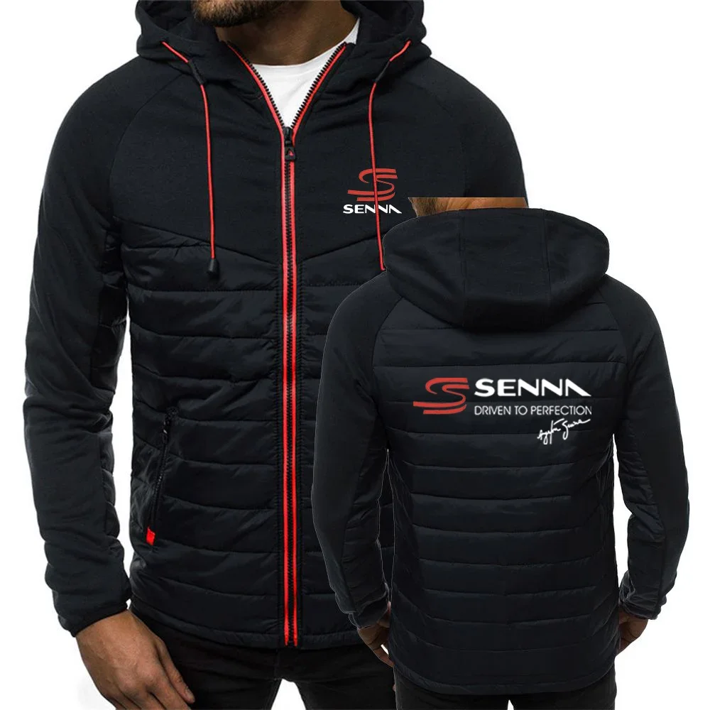 

2024 Spring Autumn Men Ayrton Senna Logo Print Sports Fashion Solid Color Splicing Cardigan Popular Zipper Cotton Hooded Jacket