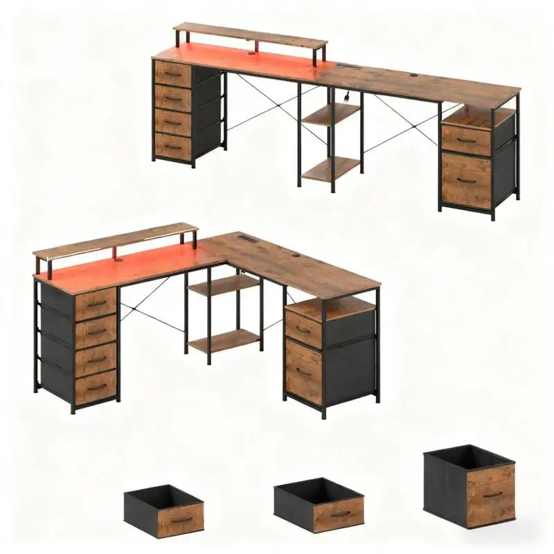 مكتب زاوية مع درج ملفات ومنافذ طاقة وأضواء LED للاستخدام المنزلي/المكتب