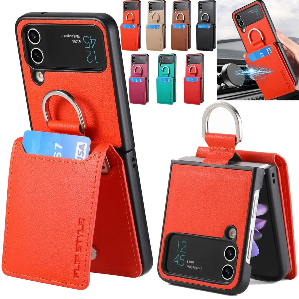 

Magnetic Ring Holder Leather Wallet Cards Solt Case for Samsung Galaxy Z Flip 4 Flip4 Flip3 5G Zflip4 Kickstand Vertical Cover