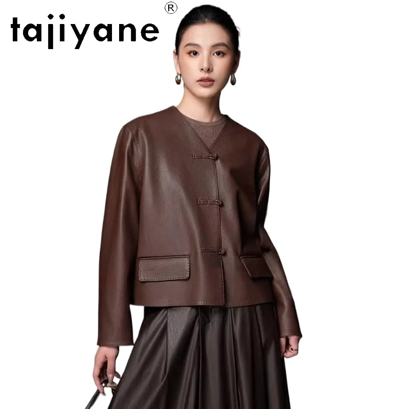 TAJIYANE 本物の山羊革レザージャケット女性ショート V ネックコートボタン付き本革ジャケット 2026 秋の女性服 дубленка