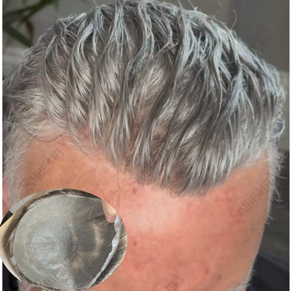 Natural Hairline 0.02mm Ultra Thin Skin 80Density Silicon Transparent PU Base Grey1B80 550#Black Men Toupee Human Hair Prothesis