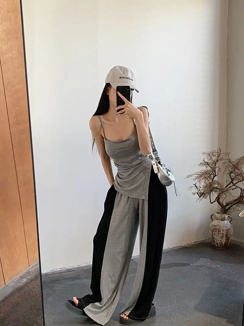 

Shpmishal American Retro Pure Desire Camisole Women's Summer High Waisted Casual Floor Long Pants Two-piece Set Female Clothing