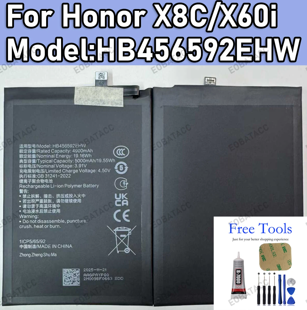 

100% New Zero Cycle HB456592EHW Battery For Honor X8C/Honor X60i phone Replacement Batteries Bateria +Tools