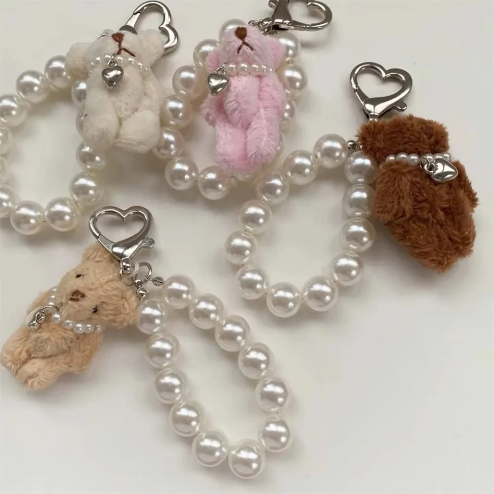 1Pc Plush Teddy Bear Pearl Bracelets Cell Phone Chain Cute Doll Bag Charms Keychain Pendant Girl Heart Hanging Ornament