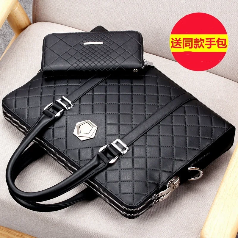 Business embossed men's handbag crossbody bag, wear-resistant cowhide diamond grid zipper, horizontal square computer bag