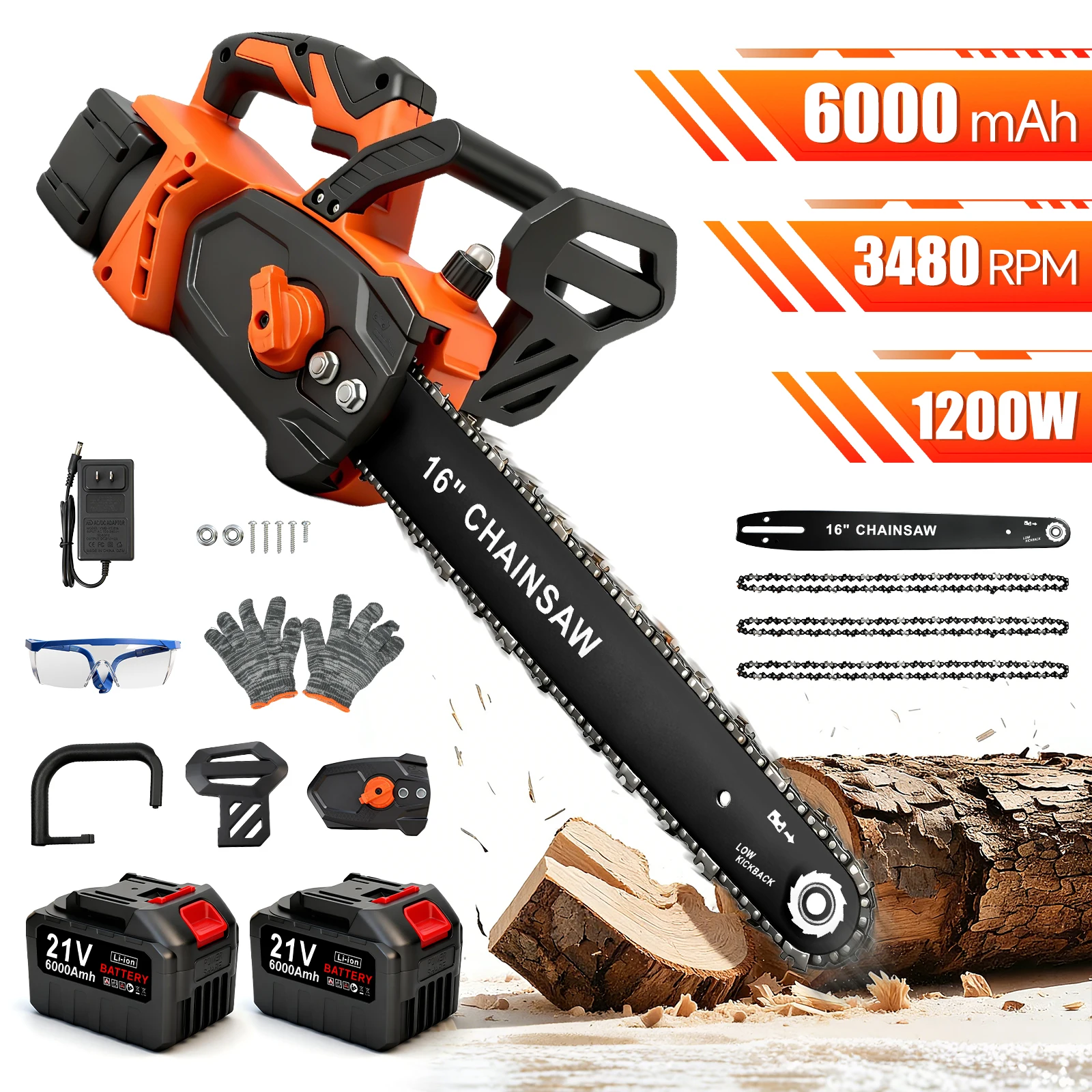 

16-Inch High-Speed Chainsaw Electric 21V Brushless 1200W with 2x6.0Ah Batteries 3 Chains Charger for Yard Trimming Woodworking