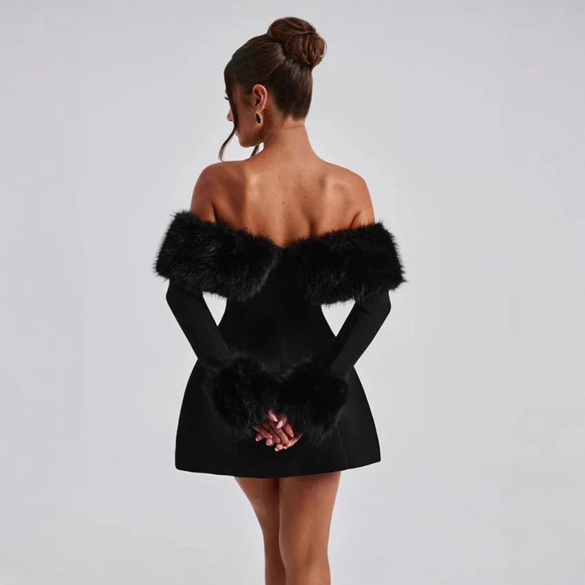 Elegant Black Fur Long Sleeve Slash Neck Evening Prom Dress Women Slim Patchwork High Waist Mini Dresses 2025 Backless Robe