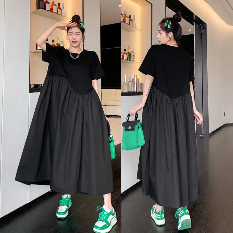 

2022 Zomer Nieuwe Korean Vrouw Jurk Vestidos Robe Elbise Katoen Losse Plus Size Patchwork Onregelmatige Hem Lange Jurken