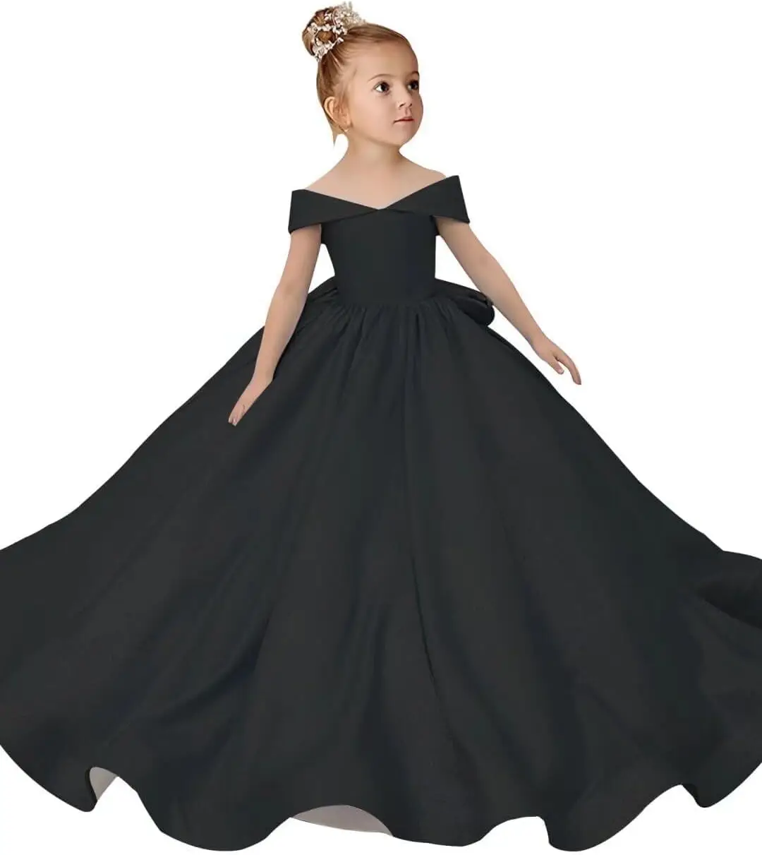 فساتين فتاة الزهور الساتان فستان طويل للمهرجانات على شكل حرف A بدون أكتاف لحفلات أعياد ميلاد الأميرة مع عقدة على شكل فيونكة للفتيات