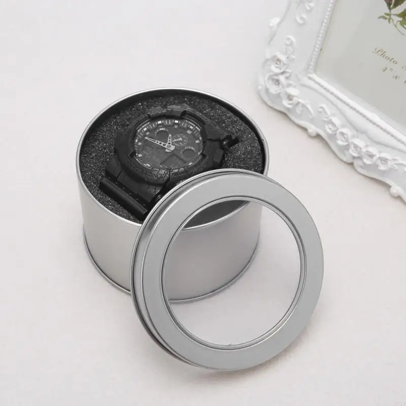 781E Round Metal Jewelry Wrist Watch Display Box Storage for Case With Cush