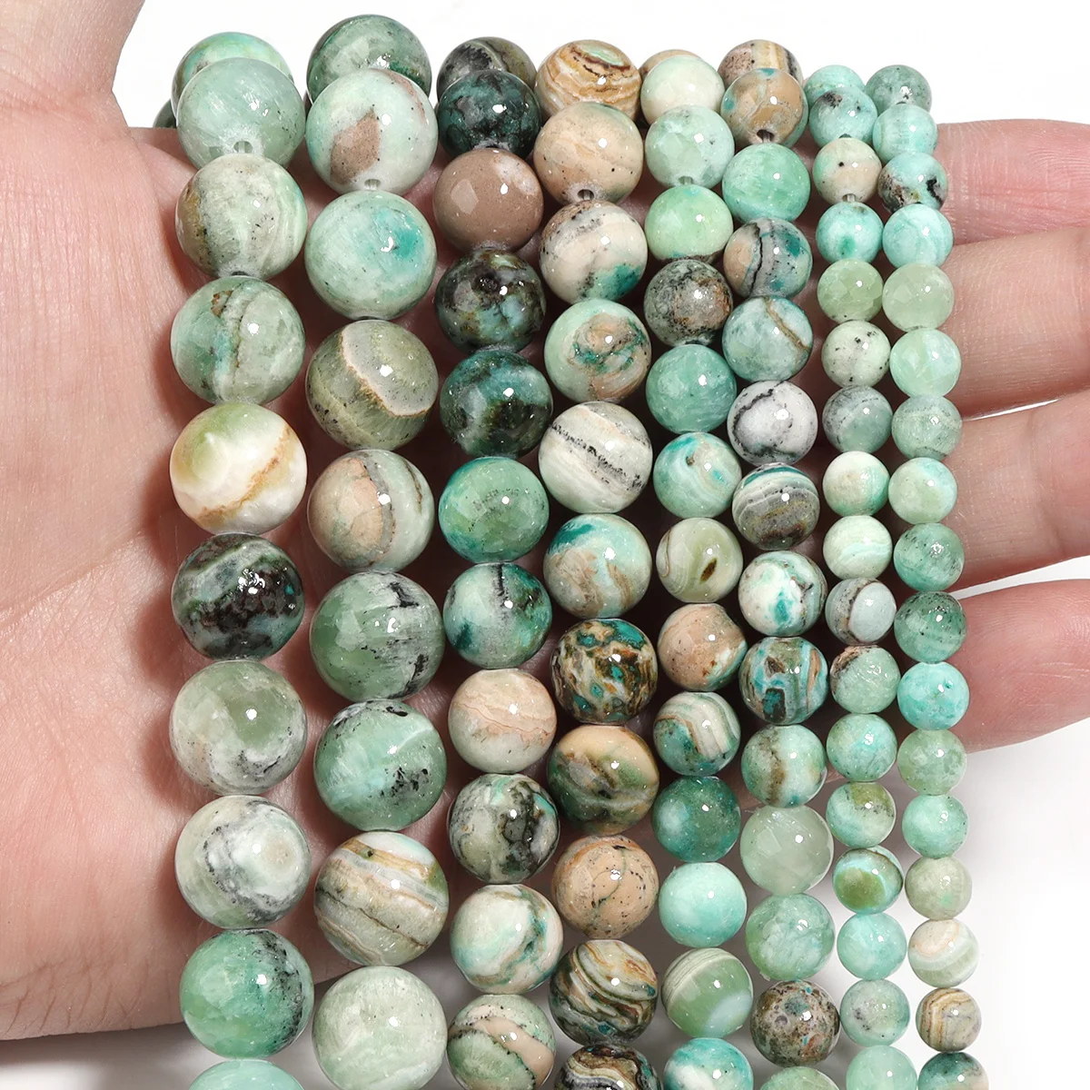 1 Strang grün gemusterte Natursteinperlen, 4–12 mm, runde Stein-Abstandsperlen für die Schmuckherstellung, DIY, handgefertigte Armbandzubehörteile