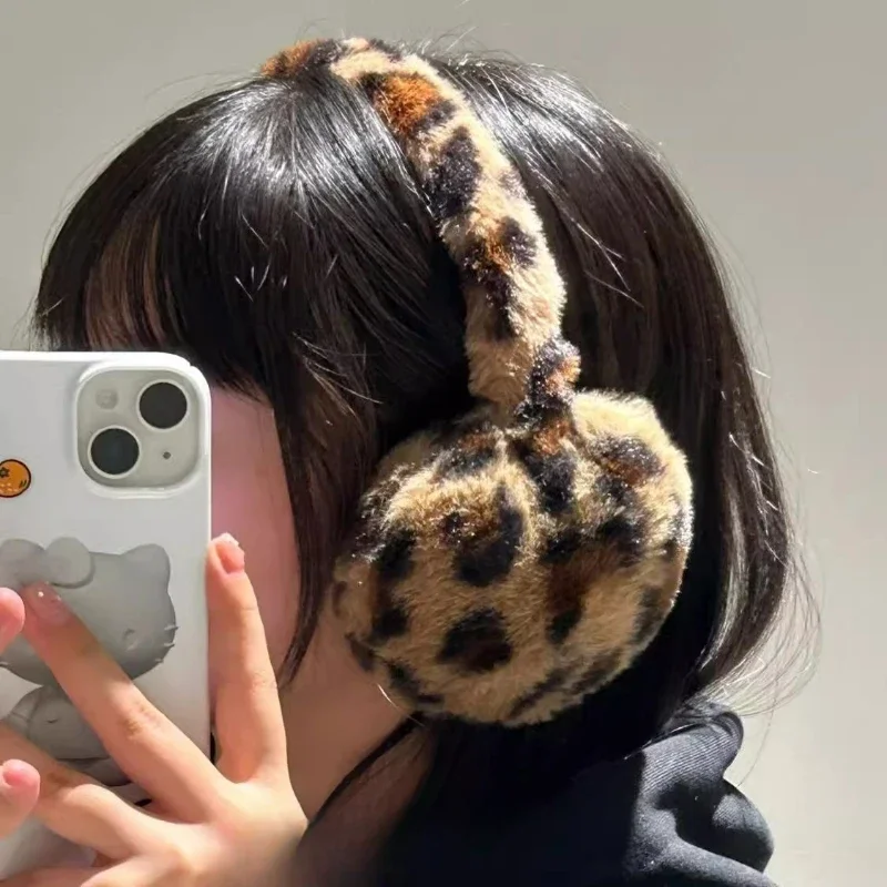 1 pçs leopardo impressão macio pelúcia aquecedores de orelha para mulheres inverno quente earmuffs moda ao ar livre frio dobrável earmuffs