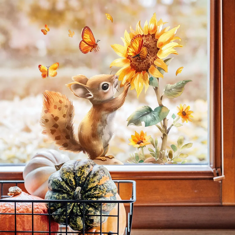 Rustic Animal Print Wall Decal: Watercolor Squirrel and Sunflower Design for Glass Windows - 11.81inch X 11.42inch