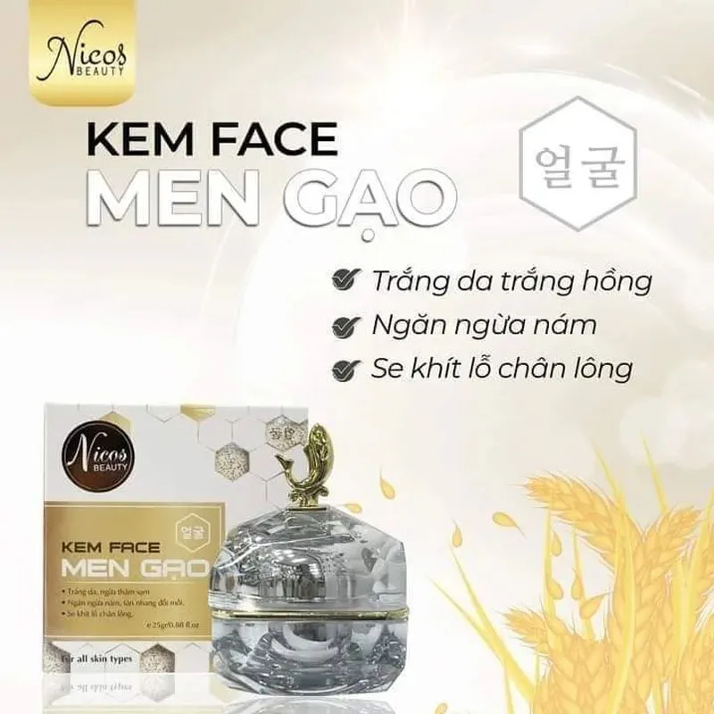 Combo Kem Face Men Gạo Nicos Serum Tinh Chất Mật Ong Nicos, Trắng Sáng Da, dưỡng ẩm da. Tránh sự hình thành của mụn và nám