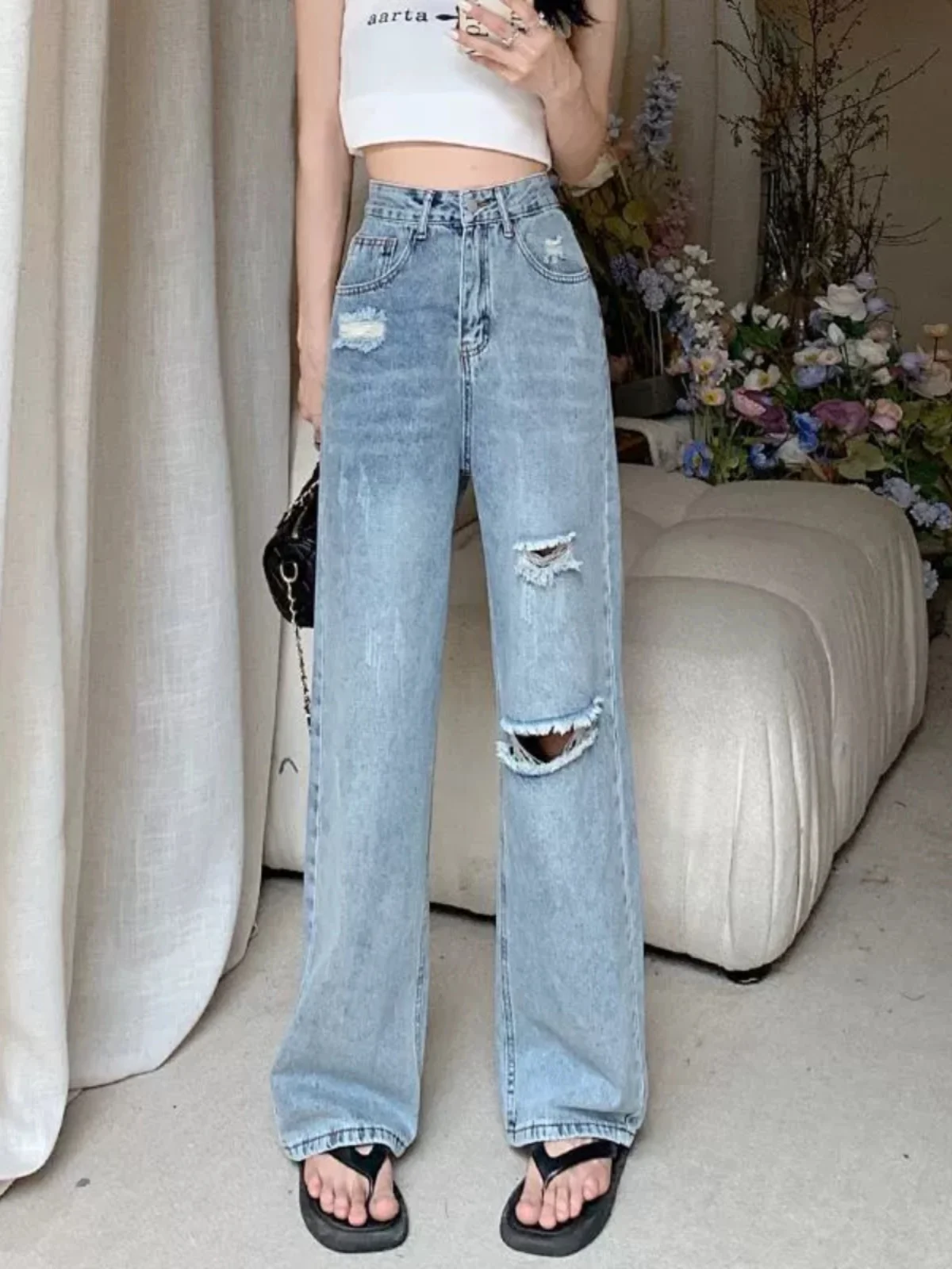 Spring Summer New Style Slim High Waist Straight Leg Jeans Women Loose Vintage Wide Leg Pants Long Trousers Ripped Denim