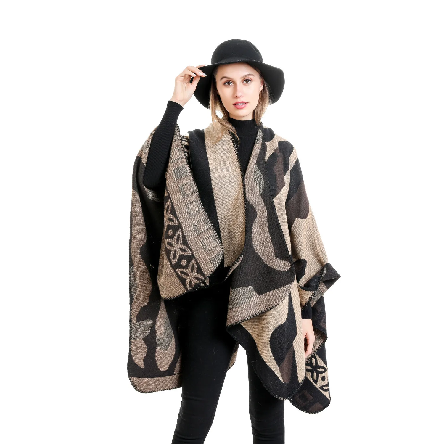 

WeHello-Bohemian Style Autumn/winter Hot Selling Herringbone Geometric Floral Pattern Imitation Cashmere Warm Shawl Cape