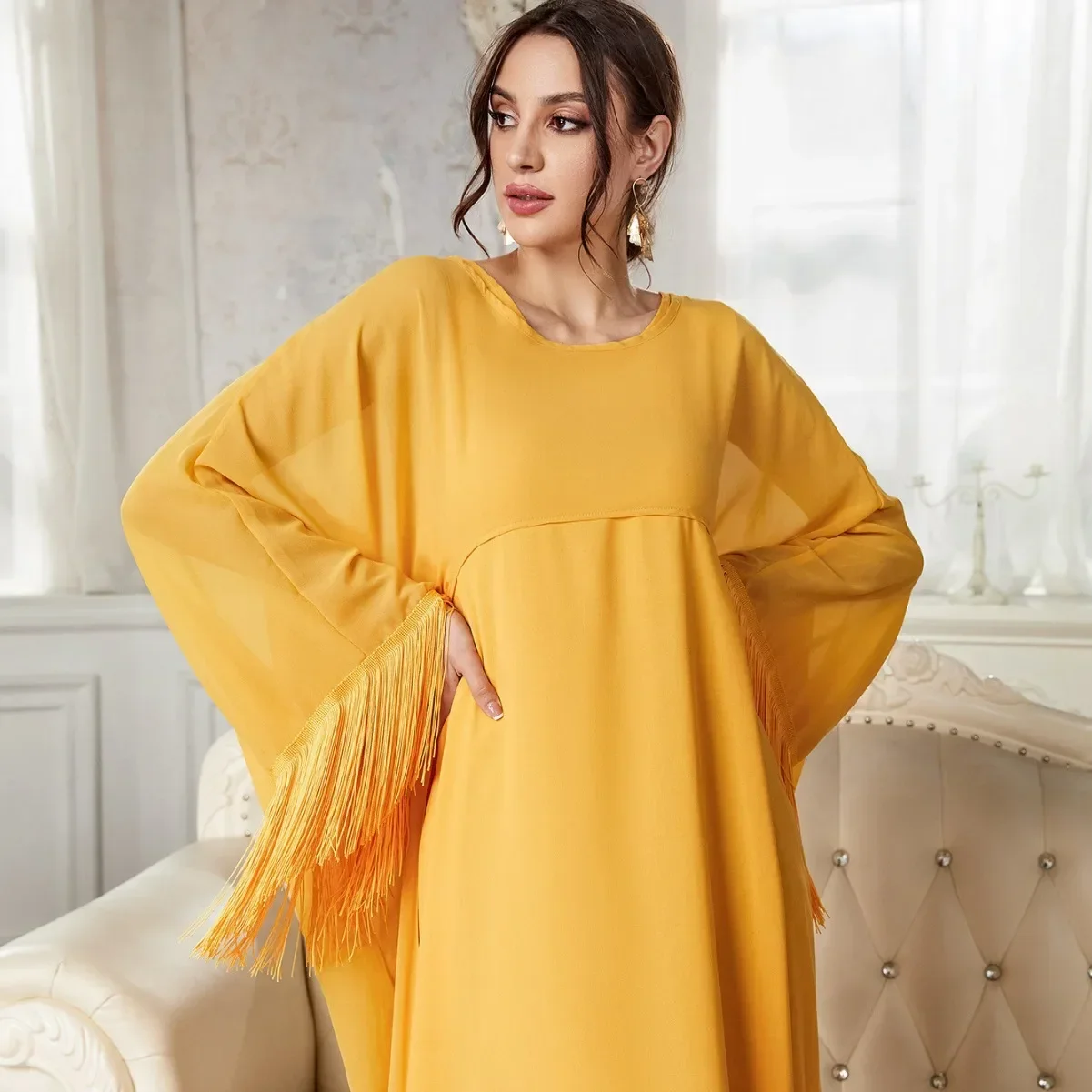 

Elegant Muslim Dress Women Loose Dresses for Women Tassel Bat Sleeves Turkey Dubai Abaya Arabia Kaftan Vestidos IsIamic Clothing