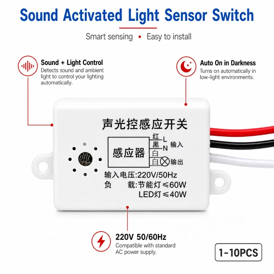 1-10PCS Sound Light Control Sensor Switch AC220V Auto on Off Voice Sound Activated Light for Corridor Stairway Home Lighting