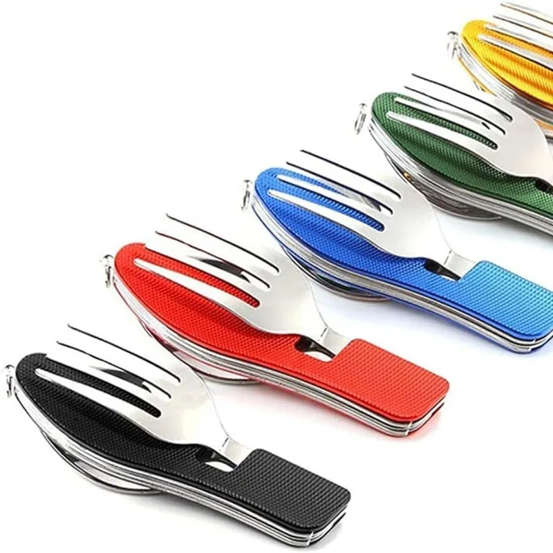 Portable camping tableware, detachable stainless steel backpack tableware for hiking, 4/1 (fork/spoon/knife/bottle opener)